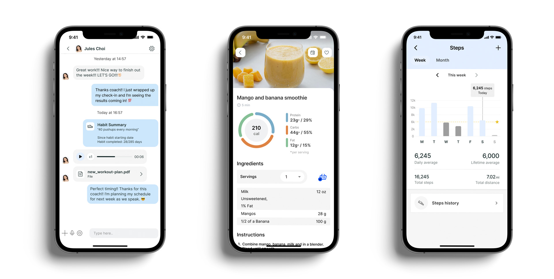 A mockup of the coaching app showcasing the different features.